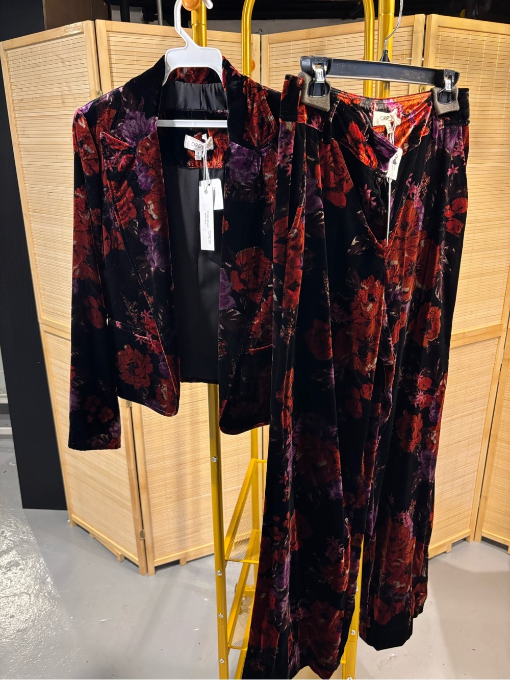 DREW Black Velvet Blazer with Red & Purple Floral Print